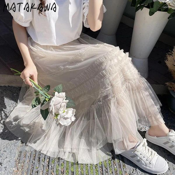 Jupes Matakawa Mesh Ruffles Long jupe solide printemps d'été Sweet Korean Fashion A-line Femmes hautes Rétro Faldas Mujer