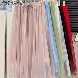 Jupes Matakawa Sweet Bows Femmes Mesh solide printemps été A-Line Korean Fashion Faldas Mujer Élégant haute