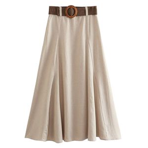 Faldas Maxdutti 2023 moda señoras país falda mujer cinturón estilo Midi francés Vintage Beige lino cintura alta A Line 230718