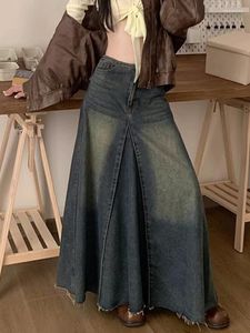 Jupes maxi longues femmes anglais style vintage d'automne hiver taille haute jupe jean dames a-line volted plined denim