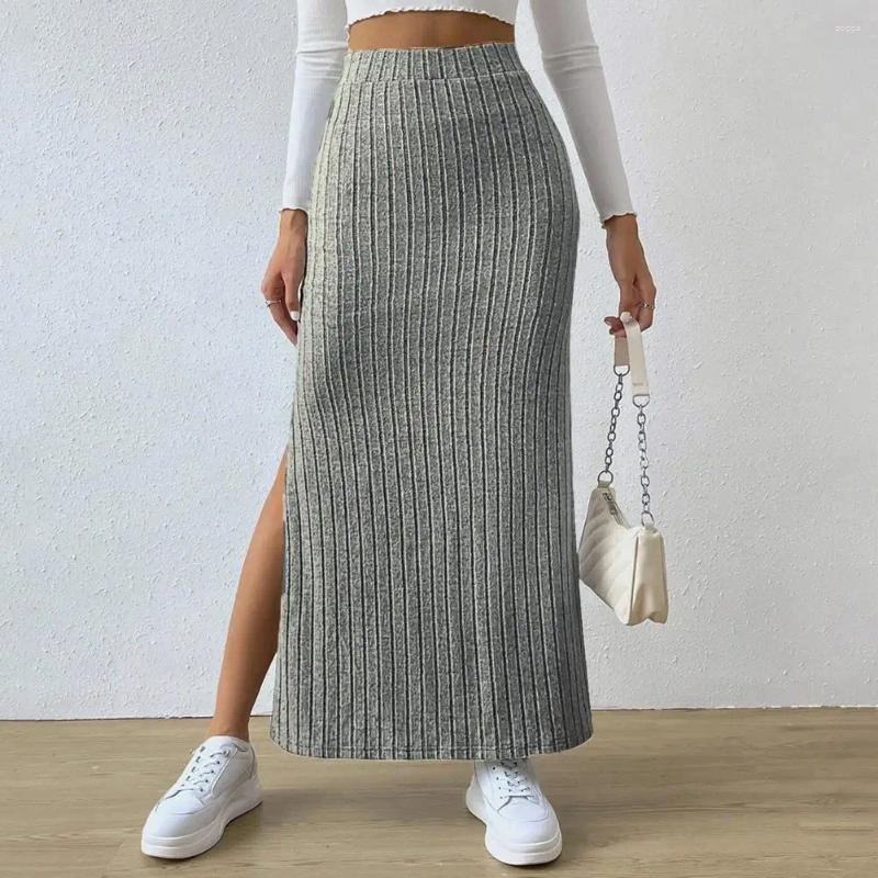 Skirts Maxi Ribbed Skirt Elegant Women's High Waist With Side Slit Knitting Design Solid Color Slim Fit Long