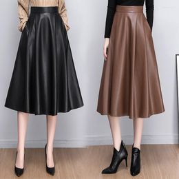 Jupes mi-longues en cuir Pu jupe femme taille haute mode élégante une ligne plissée Vintage bureau dames Midi 2023