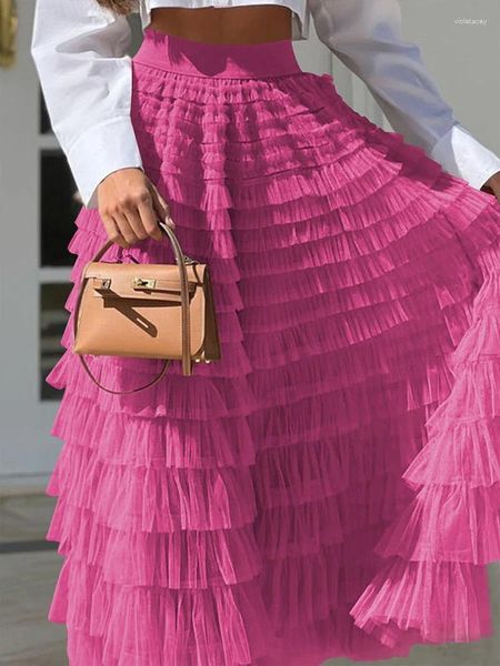 Jupes Mesh Long Jupe Femmes Summer Casual Cake femelle élégante robe de bal maxi dames fashion couleur massif plissée faldas