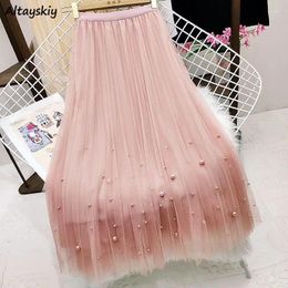 Jupes maille plissée femmes Chic perle esthétique jupe Midi vacances doux tempérament femme printemps taille haute délicate Faldas Largas