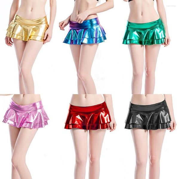 Faldas Metálicas Plisadas Mini Falda Brillante Traje De Baile Sexy Low Rise Doble Capa Mujeres Con Volantes Clubwear