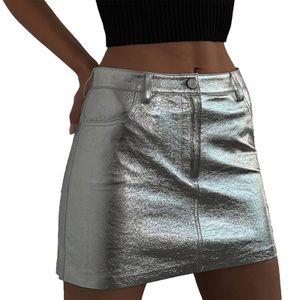 Faldas Plata metálica PU Mini ALine Elástico Bodycon Falda corta para Festival Rave Party Clubwear Moda Casual Wear 230322