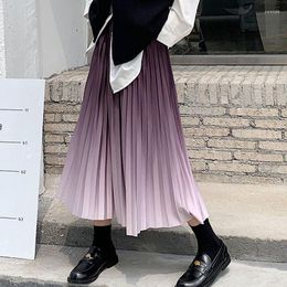 Rokken MEXZT Vrouwen Harajuku Gradiënt Plooirok Elegante Hoge Taille Elastische Midi Fall Chic Koreaanse Preppy Stijl A-lijn