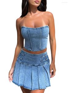 Jupes Michellecmm Femmes S Été 2PCS Outfit Ensembles 2 Pièce Mini Jupe Ensemble Sans Manches Bandeau Tube Top Et Plissé Denim