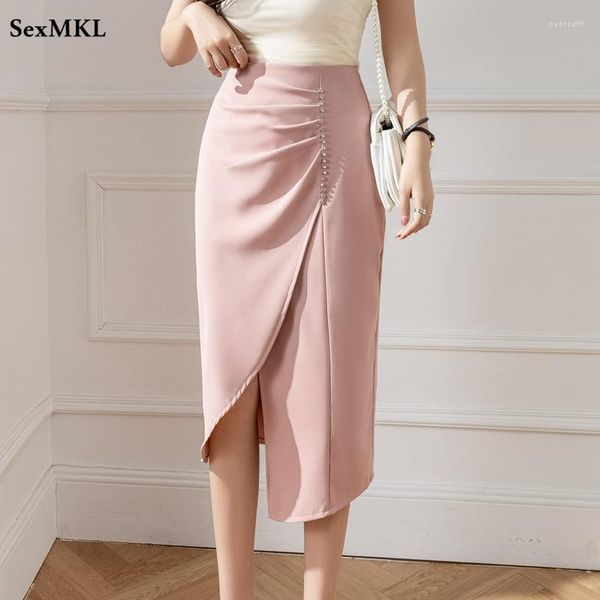 Faldas de longitud media de verano para Mujer 2023 elegante moda de cintura alta Faldas Mujer estilo coreano Oficina rebordear ceñido al cuerpo falda negra rosa