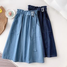 Jupes Midi Denim jupe femmes 2023 printemps été Safari Style grande poche ceinture une ligne genou longueur taille haute jean FemaleSkirts