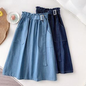 Rokken midi denim rok vrouwen 2023 lente zomer safari -stijl big pocket riem een ​​lijn knie lengte hoge taille jeans femaleskirts