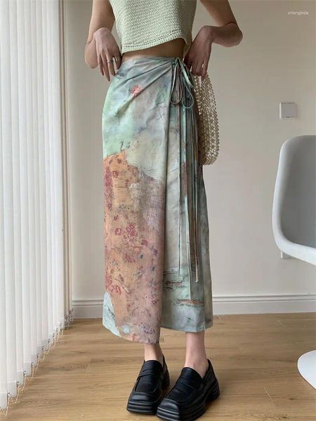 Jupes Midi longues femmes Boho cravate taille été plage Wrap couverture Maxi jupe Vintage imprimé Y2k gothique Grunge esthétique