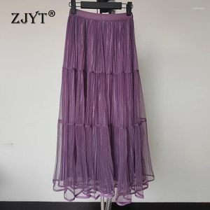 Faldas Midi Mesh para mujeres Cintura elástica Mid de la pantorrilla Tul Falda Tul Fiesta Cas parte Púrpura Verano Black 2024