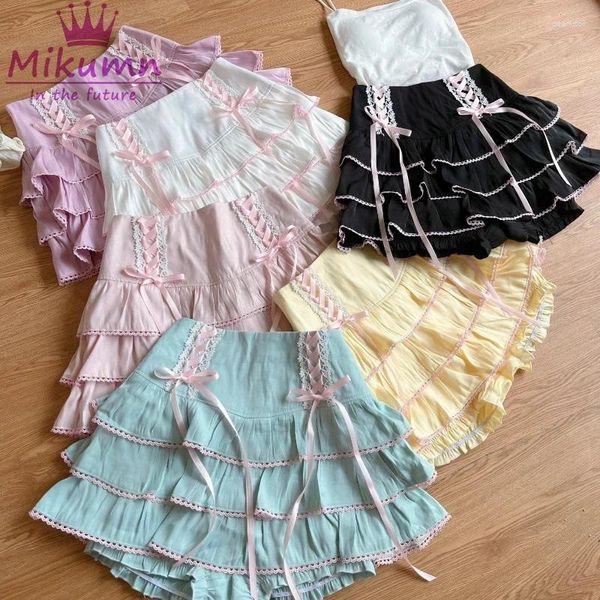 Jupes Mikumn Japonais Harajuku Filles Kawaii Dentelle Plissée Femmes Taille Haute Arc À Lacets Fée Y2k Esthétique Mignon Gâteau Mini