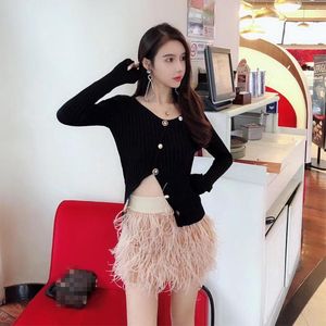 Faldas Mini Short para mujer Fluffy Pink Black Genuine Ostrich Feather Fur Clothing S83Skirts