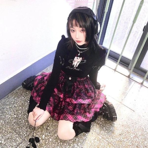 Jupes mini skiets 2024 japonais lolita harajuku style imprimé y2k épice fille robe gâteau noir rose rose sweet lace punk shag femme