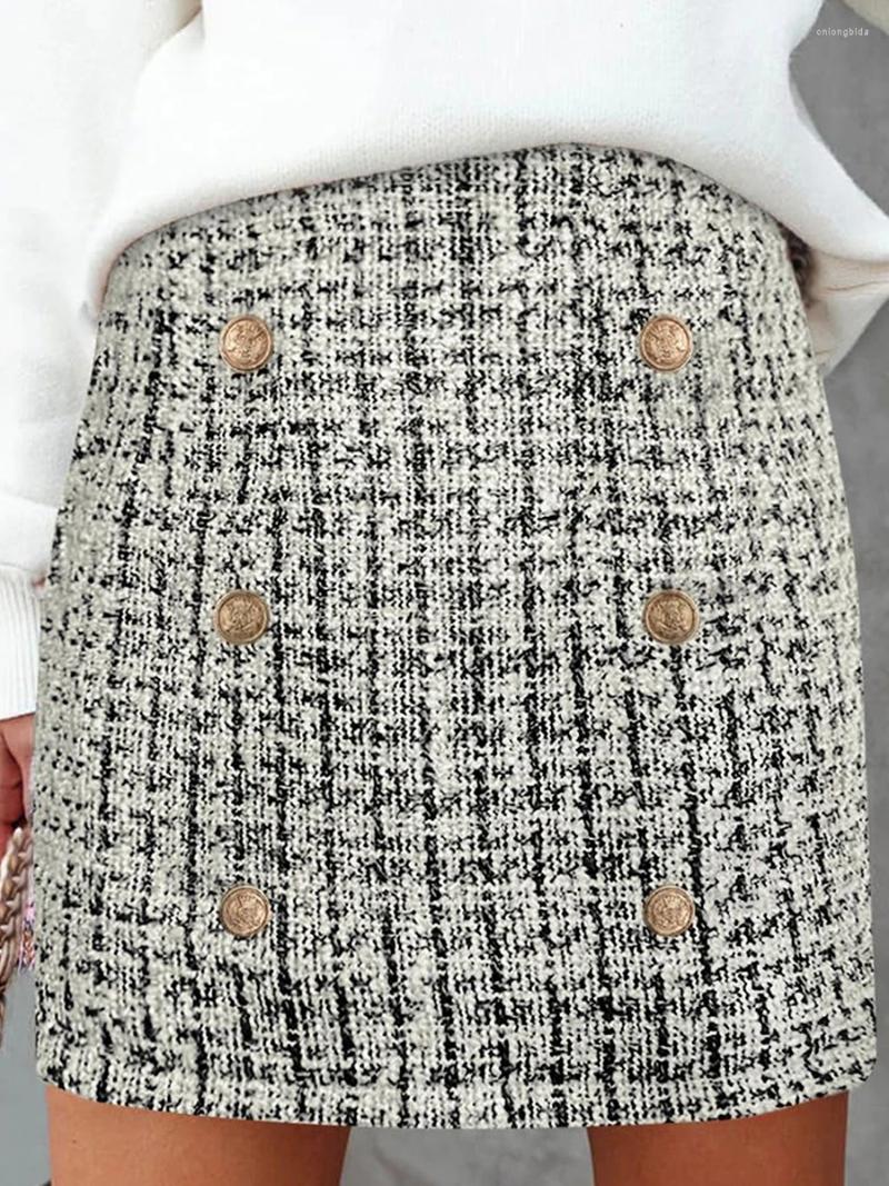 Kjolar mini kjol kvinnor tätt monterad hög midjeplädtryck över knälängd höst vinter blixtlås upp kort