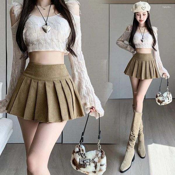 Jupes Mini jupe Y2K vêtements Kawaii coréen irrégulier automne hiver velours côtelé pour femmes taille haute fente plissée avec short