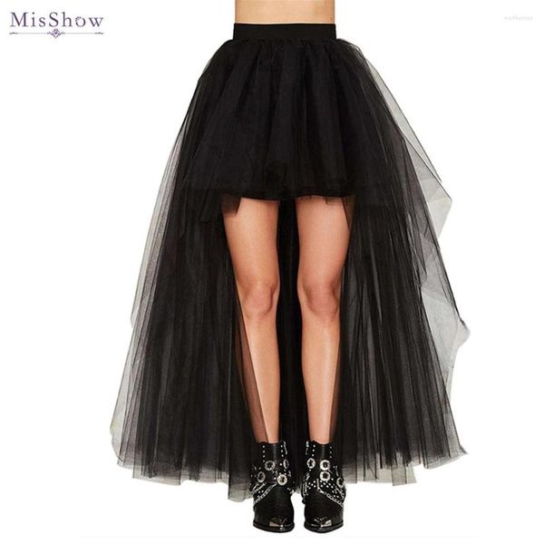 Faldas MisShow Hi-Lo Gothic Punk Tutu Falda Tul suave Cintura elástica Alto Bajo Red Malla Halloween Cosplay Disfraz Maxi Vestido de mujer