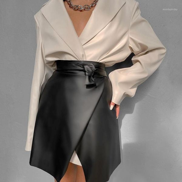 Faldas Missme, minifalda de cuero con fajas, cintura alta negra, línea A, ropa informal corta con cordones, trajes Casua 2022