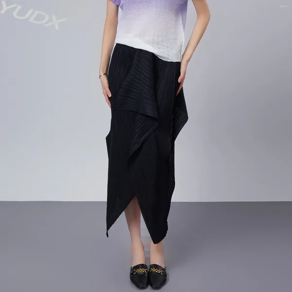 Jupes Miyake 2023 début d'automne irrégulière couleur unie a-ligne demi-jupe design de mode mince fourche ouverte jupe plissée coréenne de longueur moyenne