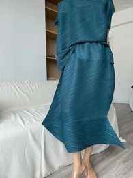 Jupes Miyake plissée élégante jupe longue pour femmes minces décontracté taille haute couleur unie asymétrique moitié 2023 automne