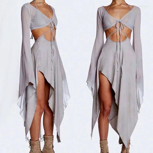 Jupes Modx deux pièces ensemble femmes maille solide sexy à manches longues bandage haut taille haute asymétrique jupe midi club décontracté streetwear