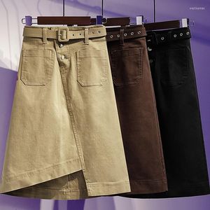 Rokken Monbeeph Summer dames jeans een lijnpakket heup vrouwelijke hoge taille denim onregelmatige zoom rok met riem plus size s-5xl