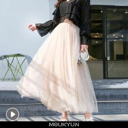 Faldas MOUKYUN Cintura elástica 3 capas Malla Falda larga de tul Primavera Otoño Elegante Vintage Vestido de fiesta alto Gasa Tutu