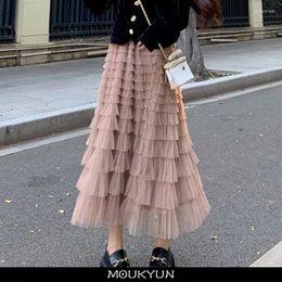 Rokken moukyun multilayer tulle long rok dames fall faldas Koreaanse hoge taille a-line tutu vrouwelijke mesh geplooid maxi