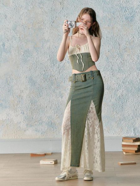 Faldas Multi-Estilo Americano Retro Denim Top Falda de tubo Slim-Fitting Patchwork Traje Europeo y Moda Apretado Largo