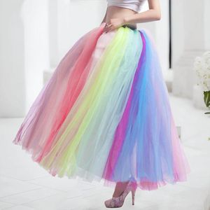 Rokken Veelkleurige tule lange rok Regenboogkleur Rekbare hoge taille Geplooide Tutu Baljurk Midi Faldas Party Puffy