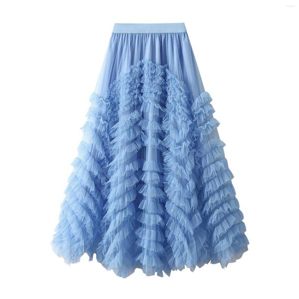 Jupes multicouches en maille tulle tutu pour femmes féecore doux taille haute plissée a-ligne jupe longue élégante gâteau de couleur unie