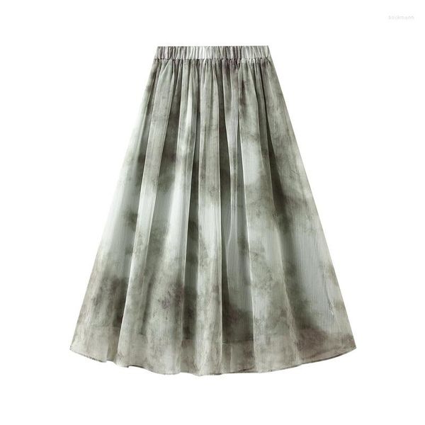 Faldas estilo nacional Retro tinta pintura Halo teñido Organza medio cuerpo falda para mujer verano gasa larga