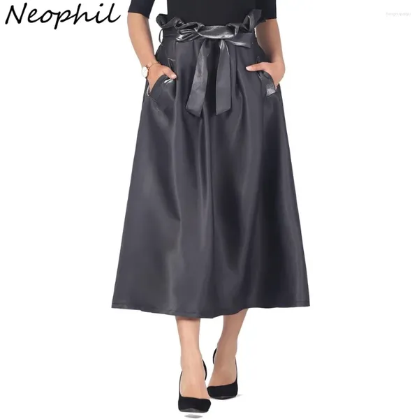 Faldas neophil a-line midi women's winter bow sashes de bolsillo de cintura alta tela brillante estilo vintage dama de fiesta sólida S9603