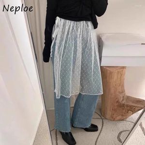 Jupes Neploe 2024 printemps jupe mi-longue pour femmes coréenne taille haute à lacets blanc Y2k voir à travers maille Faldas Mujer