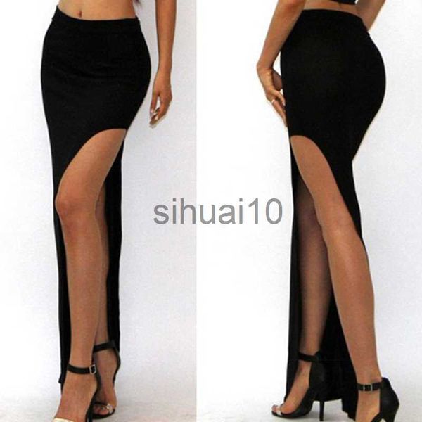 Faldas Nueva Moda Encantadora Sexy Mujer Dama Faldas Largas Lado Abierto Falda Larga Cintura Alta Abertura Alta Falda Maxi Negro J230621