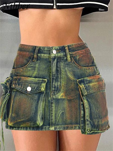 Faldas Nibber Denim Retro Vintage bolsillo A-Line Mini falda mujeres concisa moda femenina apretado Sexy Bottoms ropa de calle