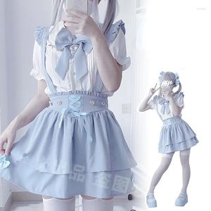 Faldas NIGGEEY Japonés Dulce Y Lindo Encaje Color Agua Mini Falda Conjunto De Camisa De Manga Corta Para Mujer