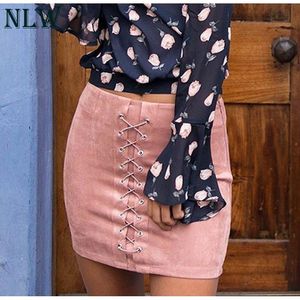 Faldas NLW Suede Lace Up Bodycon Casual Pink Sólido Mujeres Lápiz Alto Cintura Otoño Invierno 2021 Mini