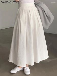 Jupes Nomikuma coréen chic printemps de style français couleur haute couleurs solides polyvalentes polyvalent en ligne plissée à la jupe longue pour les femmes
