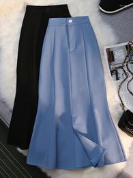 Faldas Nowsaa Falda larga elegante para mujer 2023 Primavera Verano Causal Moda coreana Midi Trabajo Trompeta Lápiz Negro Azul