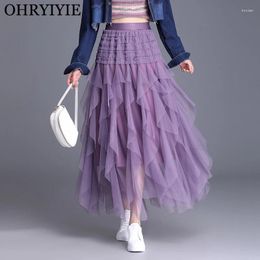 Rokken OHRYIYIE Onregelmatige Vloerlengte Tule Rok Vrouwen Elastische Hoge Taille Ruches Cake Dame Lange Tutu Party Kleding femme