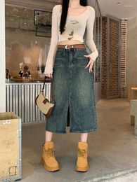 Rokken ohryiyie groot formaat 3xl Koreaanse losse denim rok vrouwen 2024 mode bifurcaat hoge taille Jean vrouwelijk donkerblauwe midi