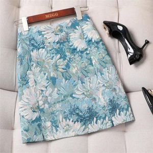 Rokken olieverfschilderij dames bloem korte rok lente zomer 2023 hoge taille ontwerp vintage stijl split a-line jupe femme