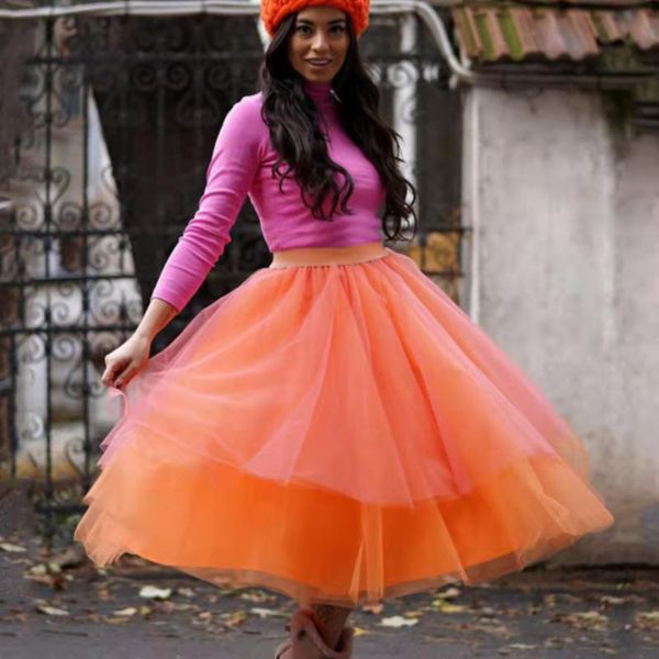 Jupes Orange 4 Couches Tulle 1 Couche Doublure Jupe Taille Élastique Filles Tutu Doux Femme Robe Courte Mujer Faldas Custom Made GownSkirts