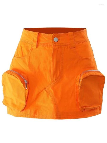 Jupes Orange Femme Jeune Multi-Poches Cargo Pour Femmes 2023 Automne Été Mode Taille Haute Mini Jupe A-ligne Jupe De Luxe