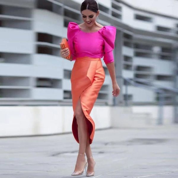 Faldas Lápiz naranja Mujeres Alto Bajo Saias Niñas Boda Invitados Vestidos de fiesta Cintura satinada Señora Ropa formal