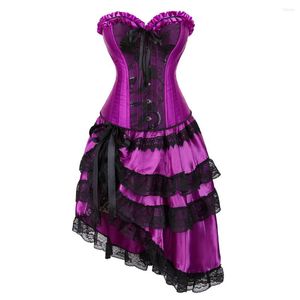 Faldas Overbust Corset Dress Set Cintura Bustier Top con falda de capa Purple Club Costume