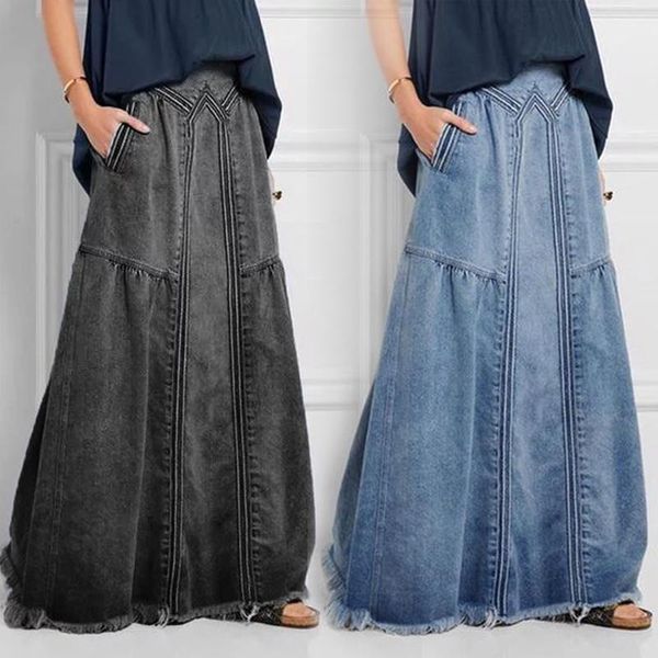 Jupes surdimensionnées mode rue jupe 2021 été une ligne denim femmes automne soleil décontracté solide taille haute femme longue